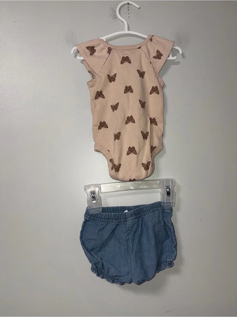 Carters Tan Butterflies Flutter Sleeve Body Suit Denim Shorts Set Girls 3M